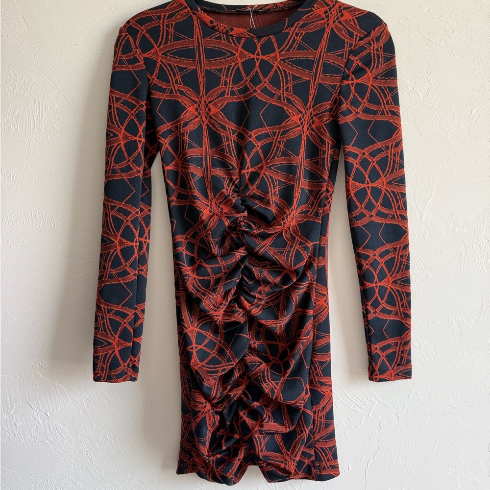 Zara Navy and Orange  Ruched Bodycon Dress Small 25